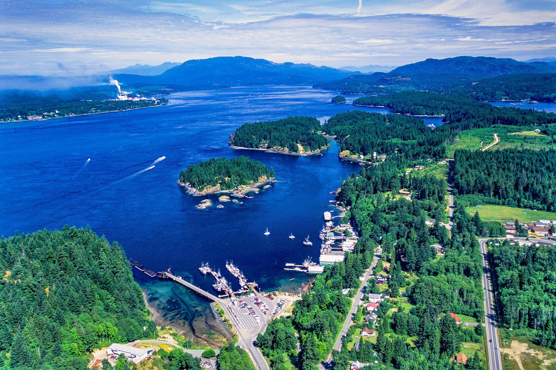 Aerial view of Quathiaski Cove, with Grouse Island at center